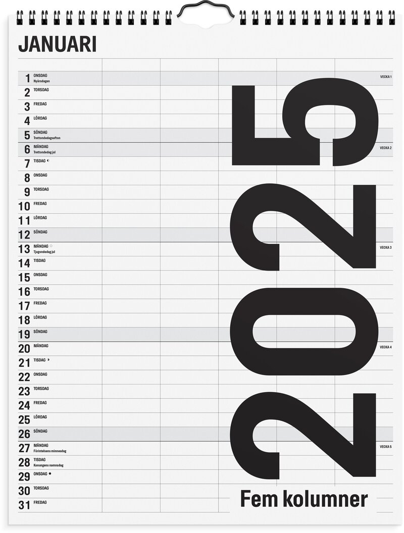 Väggkalender 2025 Black and White 5 Kolumn